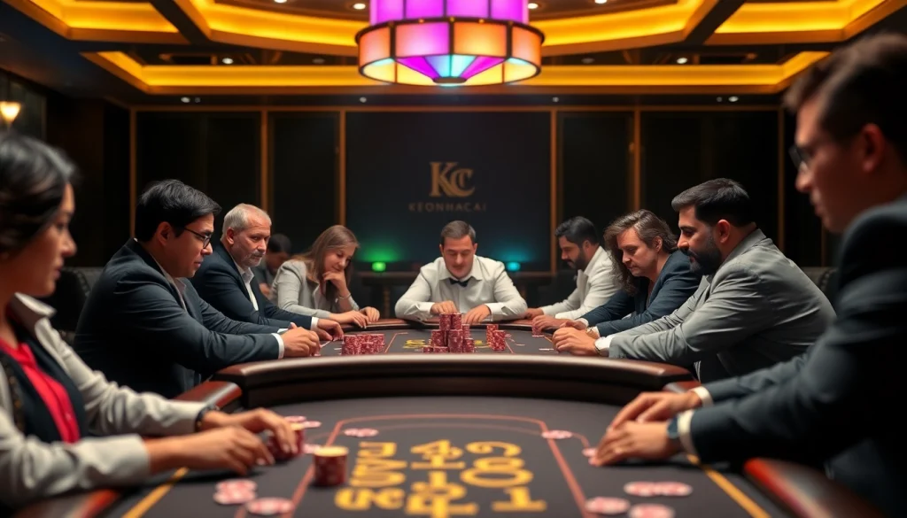 Exciting poker game scene enhanced by keonhacai branding, showcasing high stakes and diverse players.