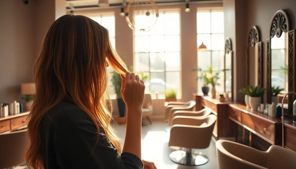 Enjoying a professional hair treatment at the best hair salon in San Diego, with a stylist applying vibrant highlights.