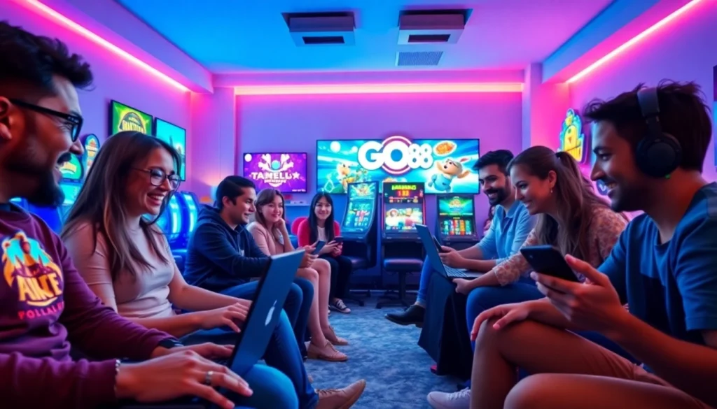 Exciting gaming atmosphere at dittytalk.com, showcasing diverse players enjoying online games with vibrant screens.