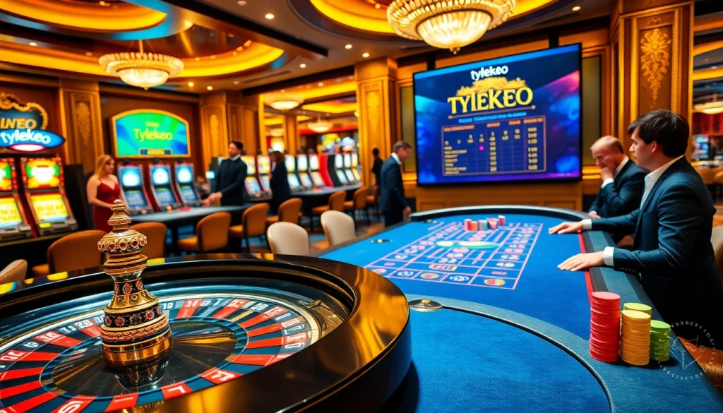 Experience the excitement of tylekeo betting with a vibrant casino scene showcasing poker and roulette.