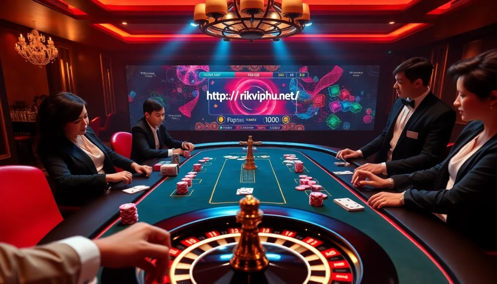Engage with thrilling gameplay at https://rikvip.hu.net/, featuring a luxurious poker table and vibrant casino atmosphere.