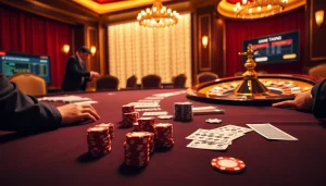 A stunning casino scene featuring poker and roulette elements representative of https://uk88.trading/ as players engage in high-stakes gambling.