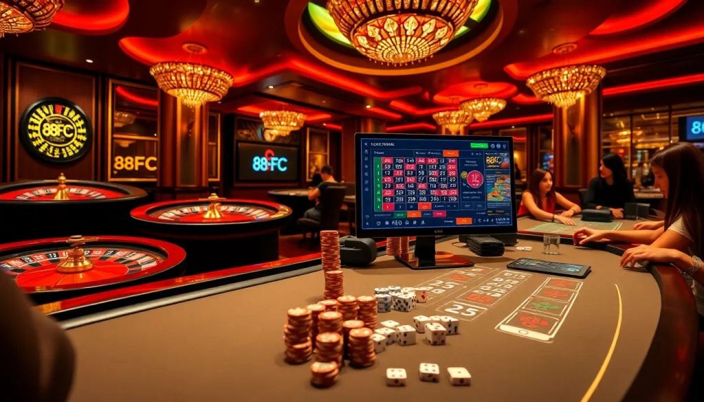 Experience the thrill of gambling at 88FC with vibrant casino tables and engaged players.
