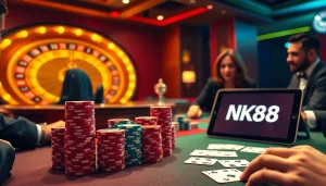 Experience thrill with poker action at NK88, featuring stunning chip stacks and vibrant roulette lights.