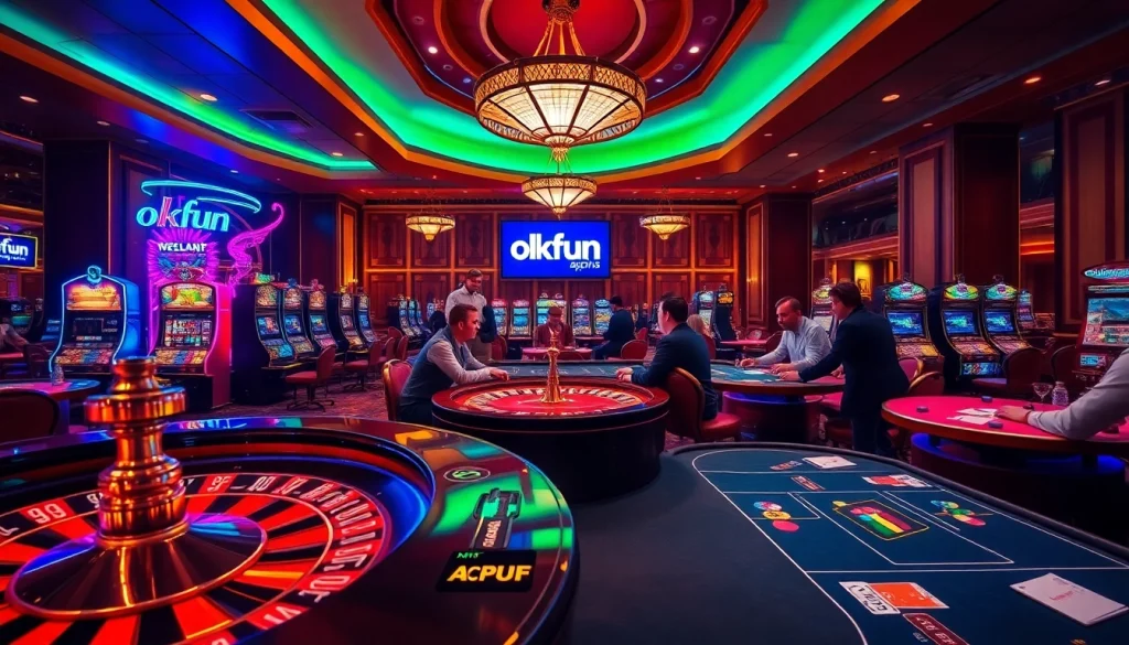 Players enjoying a dynamic poker game while using the okfun app in a vibrant casino setting.