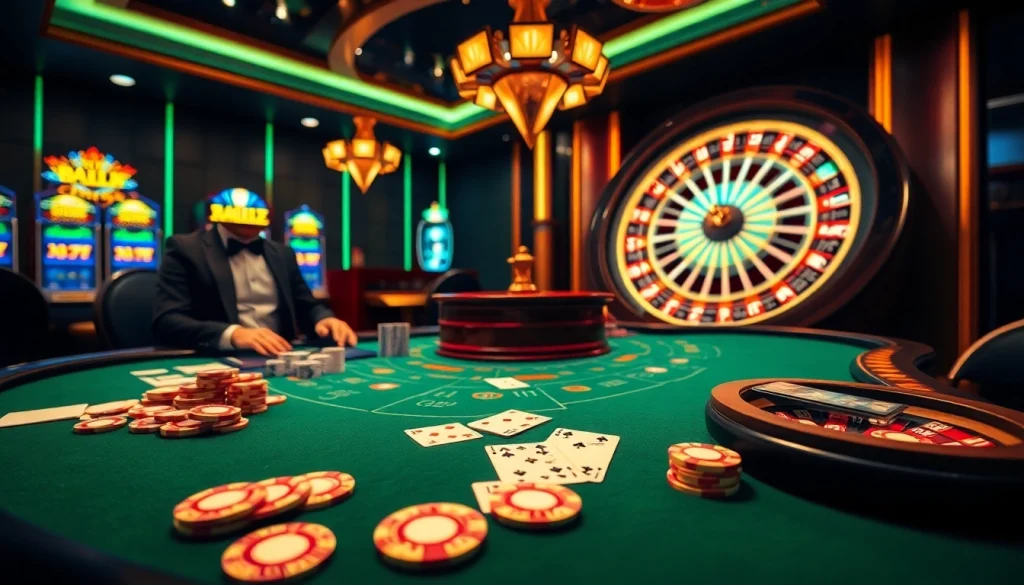 Experience high-stakes gambling action at https://32wincasino.com/ with a luxurious blackjack table and vibrant roulette wheel.