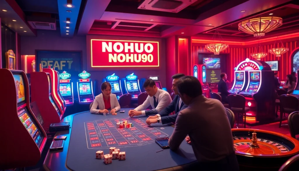 Noh90 gaming excitement with poker players and slot machines in a luxurious casino atmosphere.