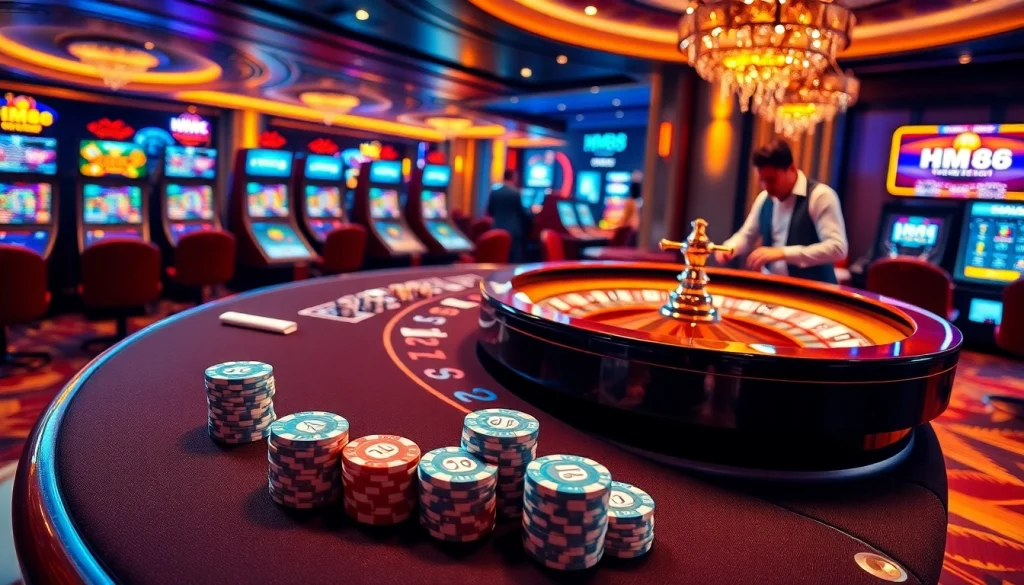 Experience the excitement at HM88's luxurious casino, showcasing vibrant tables and thrilling games.