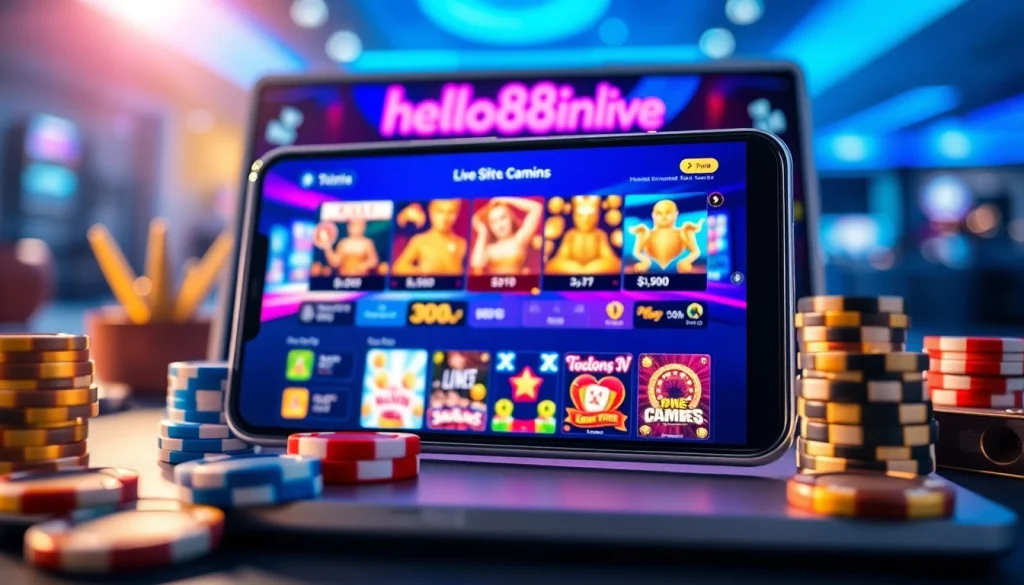 Engaging visual of hello88win.live showcasing vibrant online gaming experience on a smartphone with casino elements.