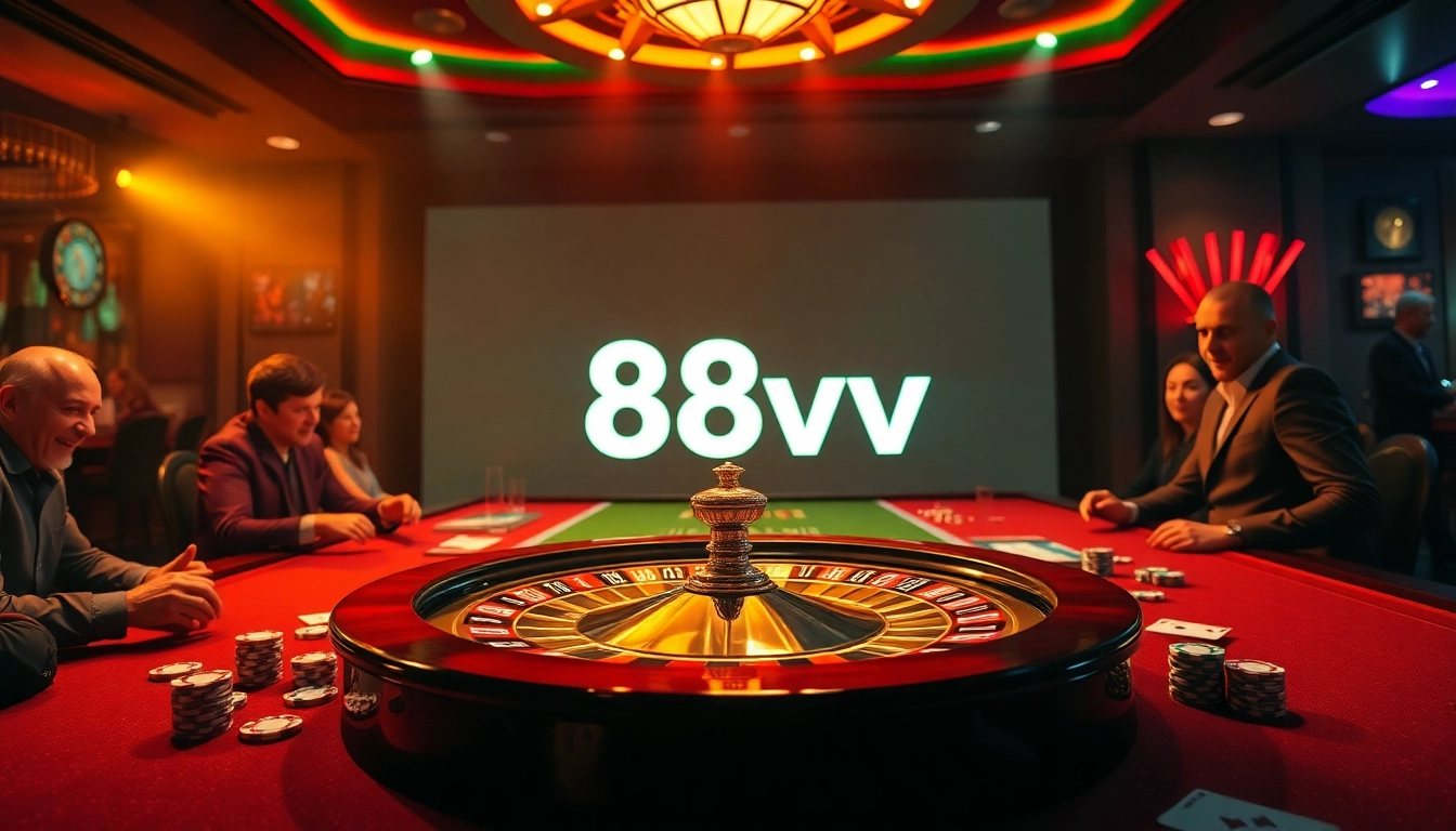 Players engaged in intense gambling at a casino table with the vibrant 88vv logo.