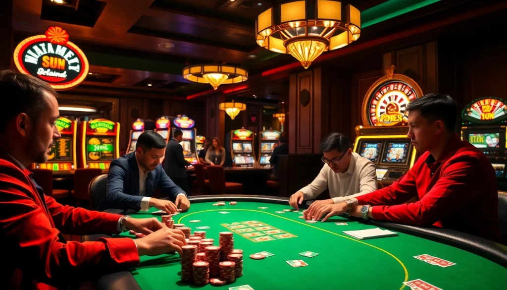 Exciting gameplay at a professional poker table featuring Sun win, vibrant chips, and enthusiastic players.