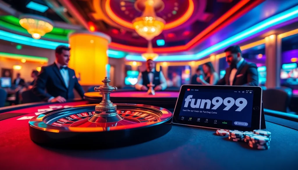 fun79 showcases a luxurious casino scene with roulette, poker chips, and an engaging online interface.