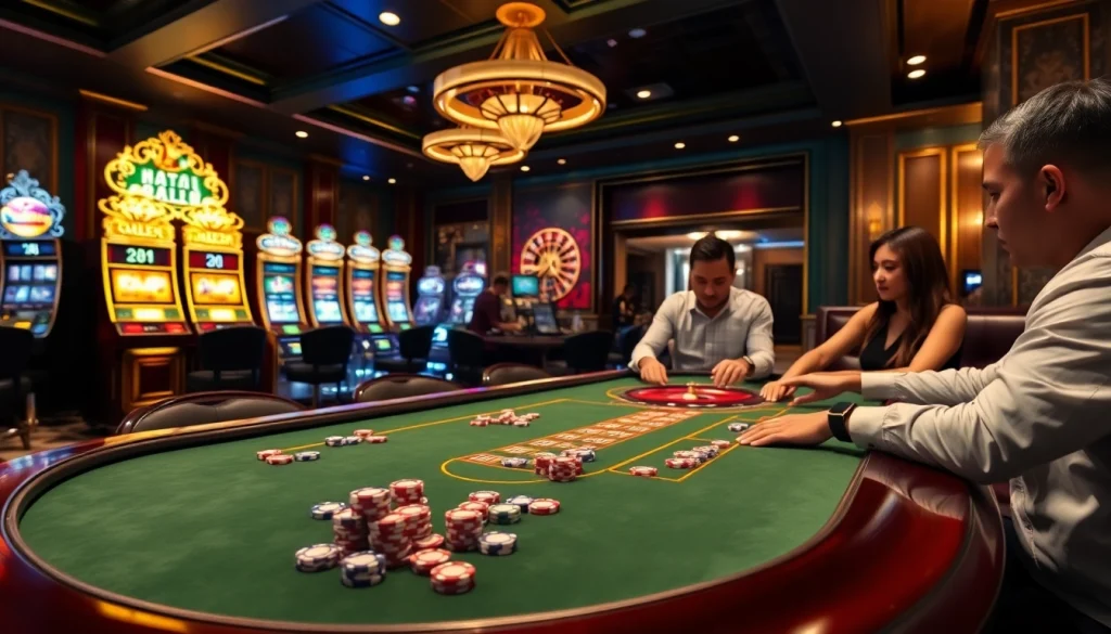 Naga99 gaming table showcasing players engaged in blackjack against a luxurious casino backdrop.