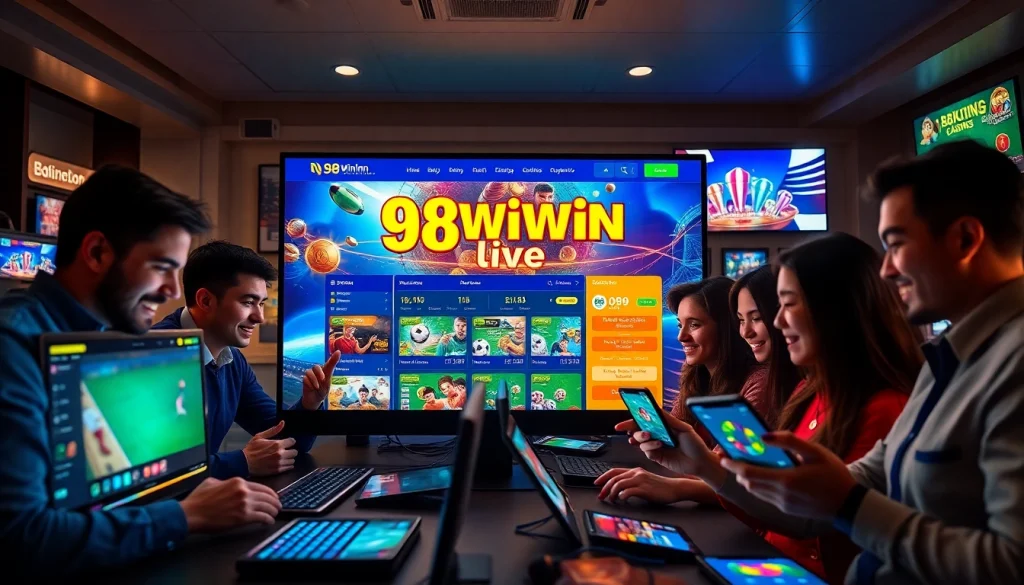 Interactive gaming scene at 98winwin.live showcasing diverse players engaged in online betting with vibrant visuals.
