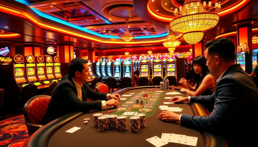 Engaging in the game bài đổi thưởng b52 at a lively casino table filled with excitement and poker chips.