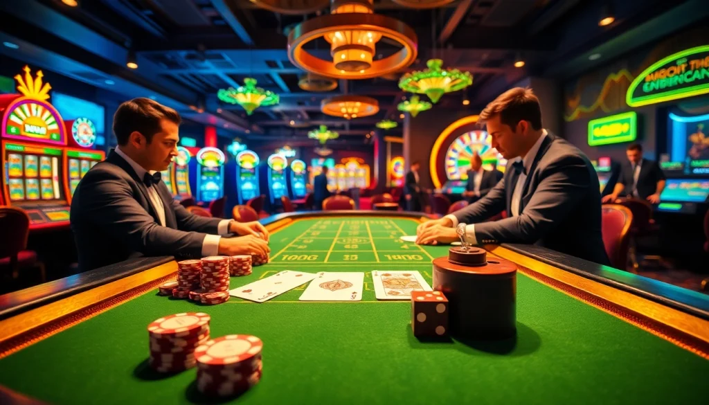 Engaging scene demonstrating tỷ lệ bóng đá kèo nhà cái at a lively casino with gamblers and dealers.