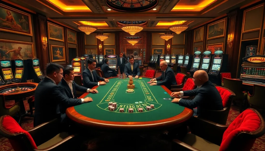 A vibrant gaming atmosphere at เว็บ soibet, featuring poker tables, roulette wheels, and slot machines for enhanced excitement.