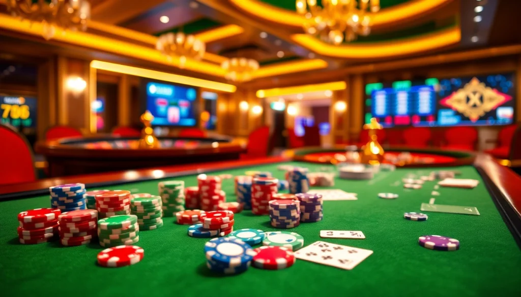 Exciting gaming scene showcasing lô đề uy tín with poker chips and a roulette wheel in a luxurious casino.