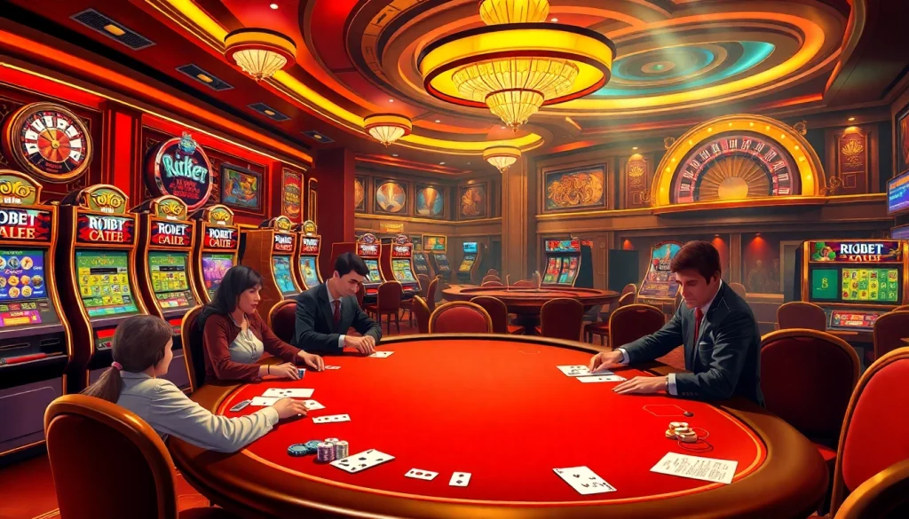 Players enjoying thrilling games at rikbet casino, surrounded by poker chips and slot machines.