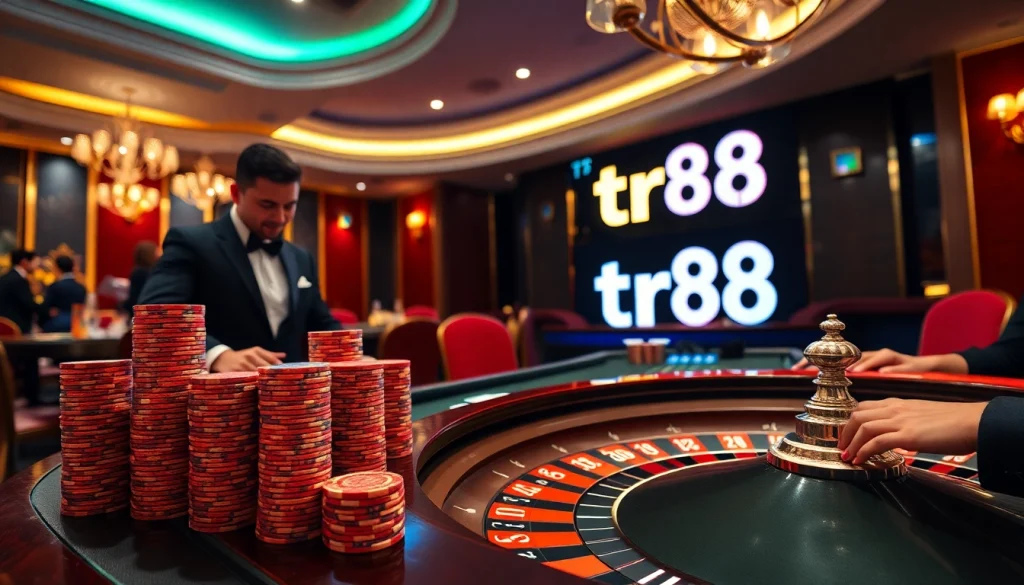 Players strategizing in an upscale casino with tr88 poker chips and a luxury atmosphere.