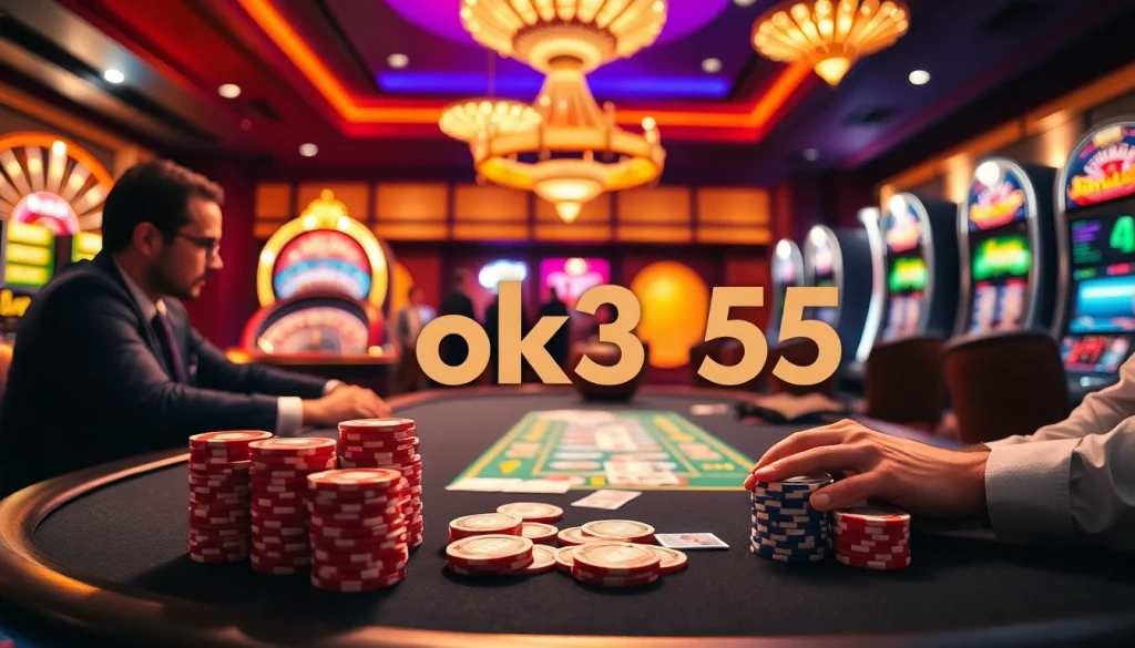 Engaged gamblers at a luxurious casino table enjoying games at ok365.