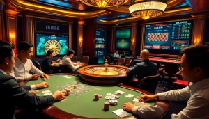 Experience the excitement of UU88 with players at a luxurious casino poker table.