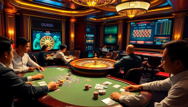 Experience the excitement of UU88 with players at a luxurious casino poker table.