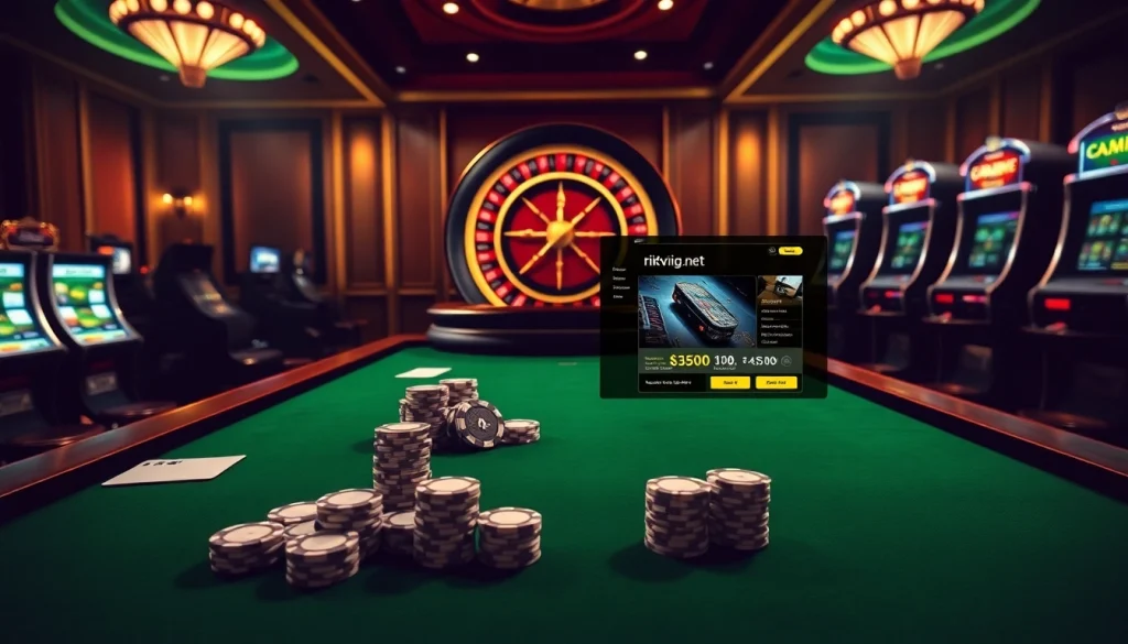 Engage in thrilling online gaming at rikvip.gb.net with vibrant casino visuals showcasing poker and roulette.