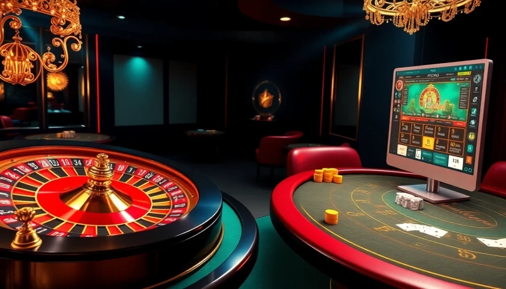 Experience the thrill of casino gaming at kp88.bio with a vibrant roulette wheel and luxurious tables.