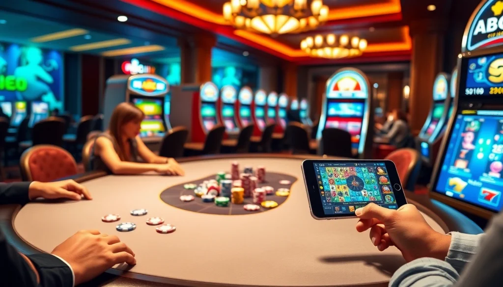 Players enjoying poker at ABC8's luxurious casino table with vibrant chips and slots.