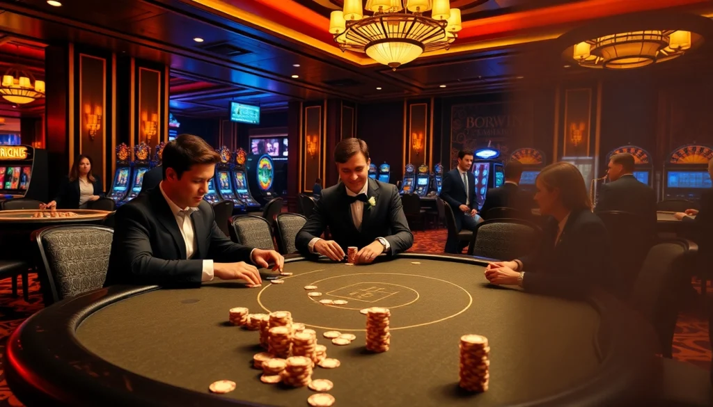 Players enjoying an intense poker game at bomwin1.it.com casino, surrounded by luxurious décor.
