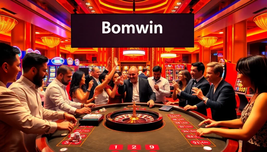 Players winning at Bomwin casino table with vibrant chips and roulette wheels.