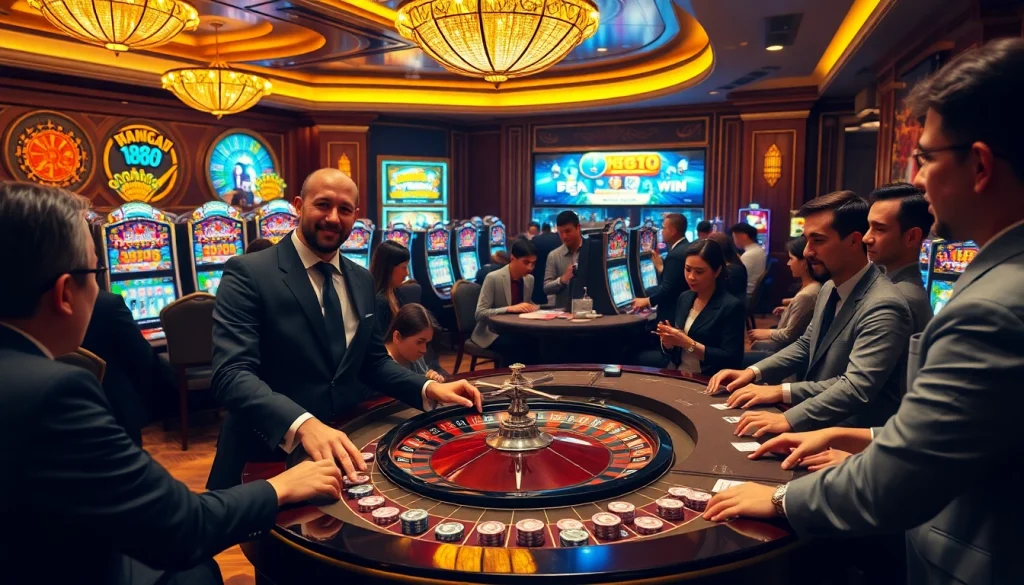 Experience the thrill of hb88 tặng 88k at an upscale casino with vibrant slots and a roulette table.