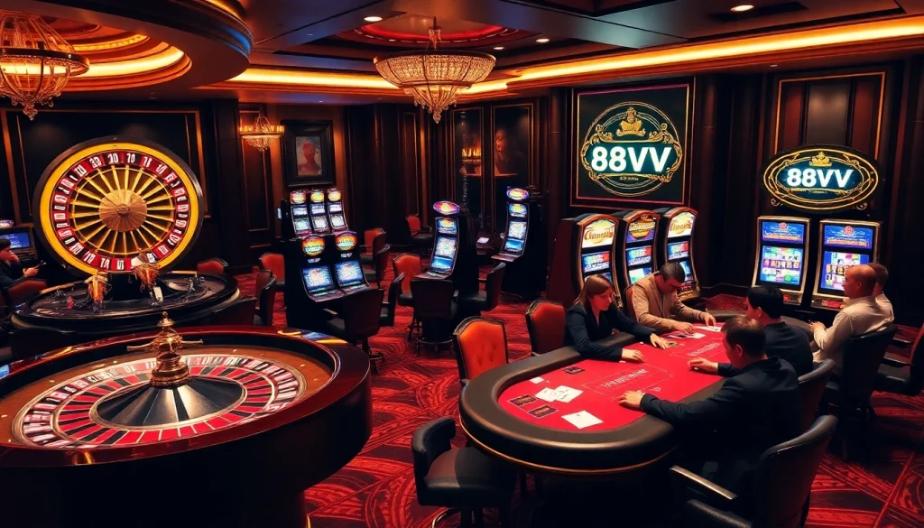 Experience high-stakes gambling at 88VV with luxurious casino tables and players in action.