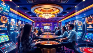 Casino gaming atmosphere at ev88win.live with players and live dealers.