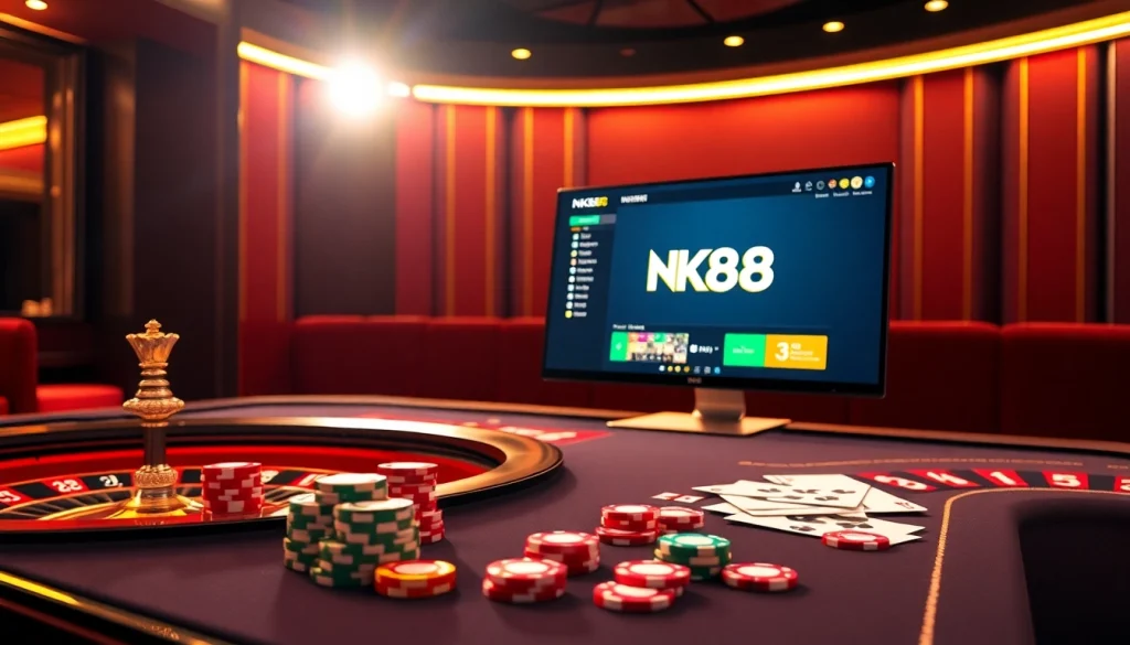 Experience high-stakes action with NK88 at an upscale online casino, featuring vibrant poker chips and roulette.