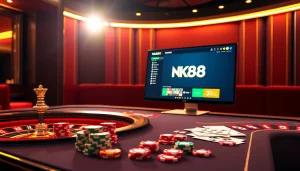 Experience high-stakes action with NK88 at an upscale online casino, featuring vibrant poker chips and roulette.