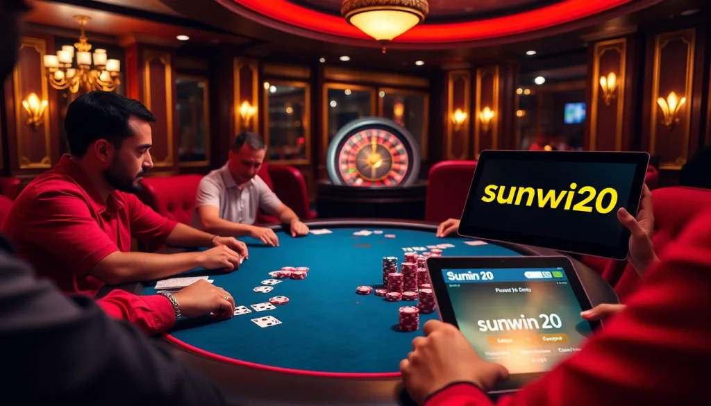 Experience the thrill of sunwin20 with players at a vibrant poker table and roulette wheel.