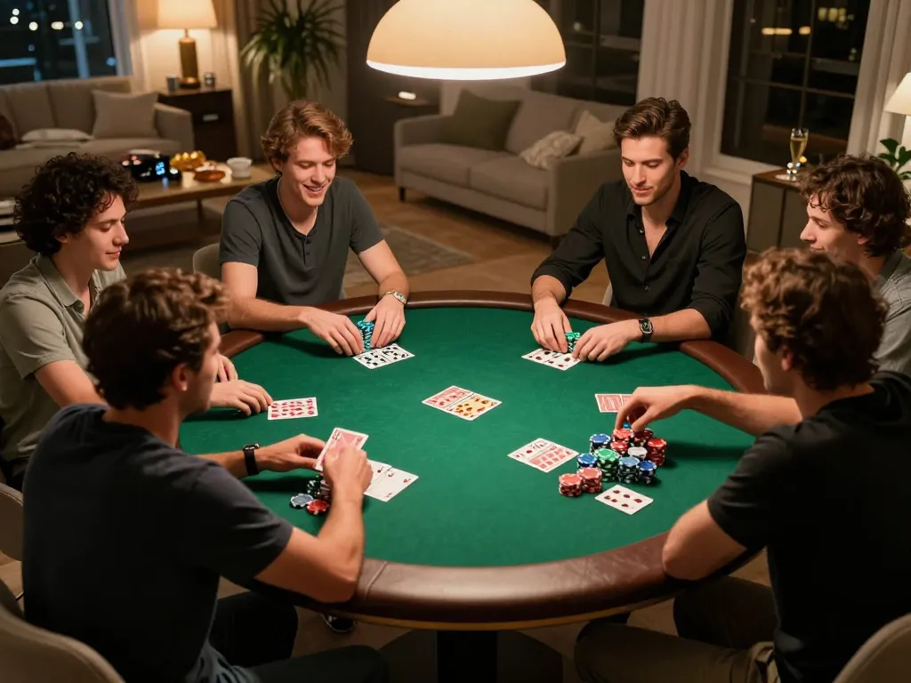 Play poker with friends at home during an exciting J88 game night, vibrant atmosphere with cards and chips.