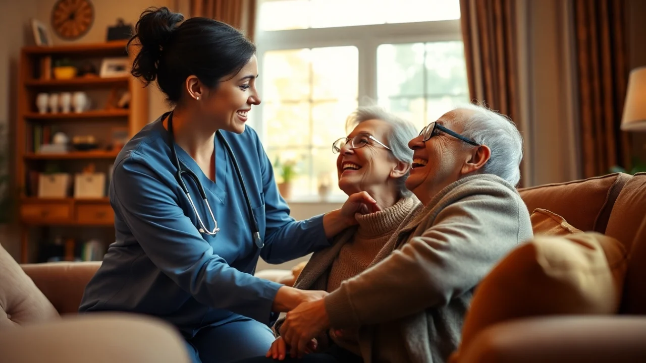 Provide compassionate in home senior care by a caregiver to an elderly person in a cozy setting.