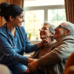 Provide compassionate in home senior care by a caregiver to an elderly person in a cozy setting.