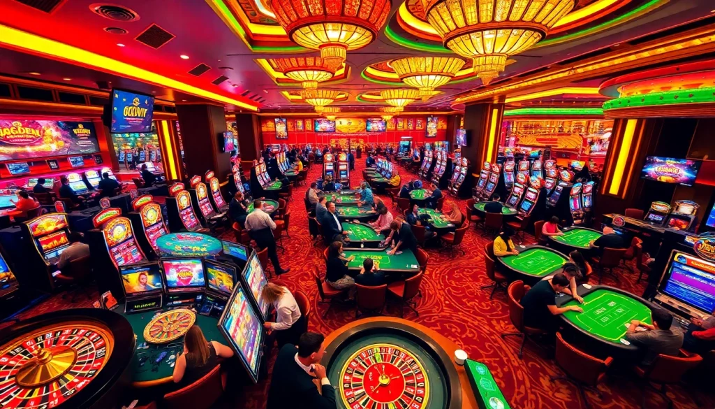 Experience the thrill of Đăng Nhập Nhà Cái 68VIP with vibrant casino gaming visuals featuring roulette wheels and slot machines.
