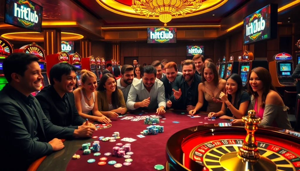 Thrilling scene of the hit club with excited gamblers, vibrant casino table, and poker chips