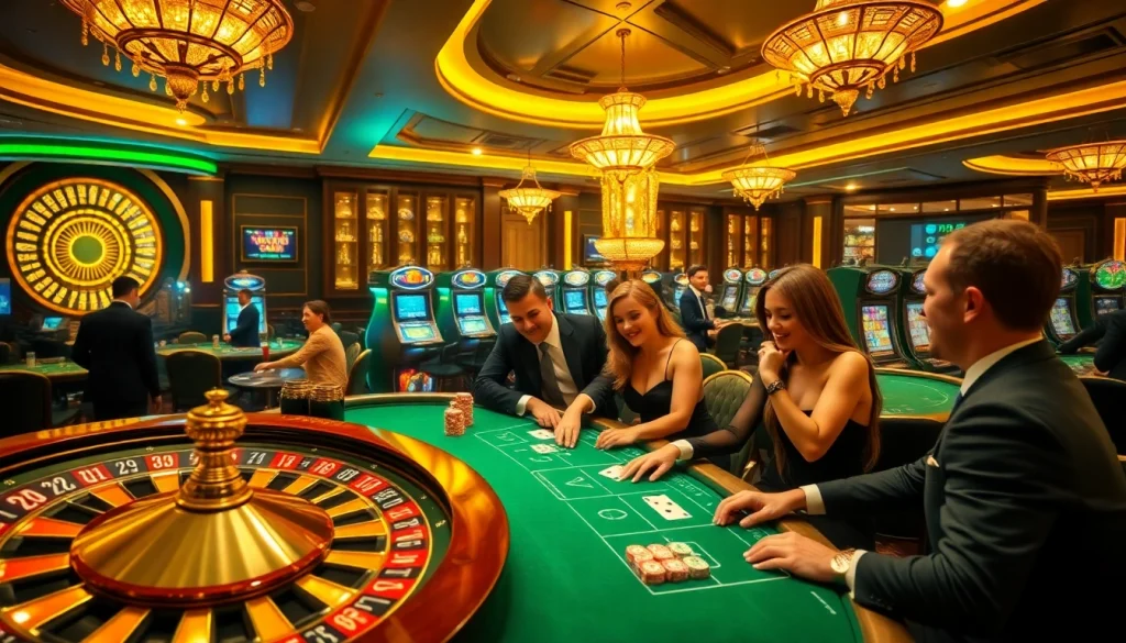 Experience the thrill of sun win gaming at a luxurious casino with vibrant tables and slot machines.