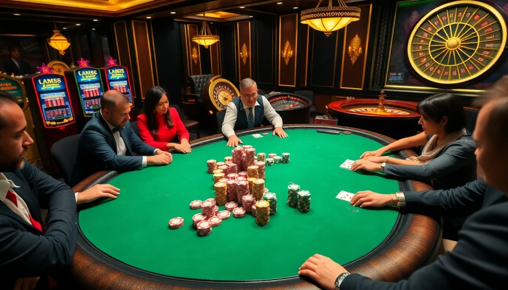 Engage in a thrilling Home JL111 casino experience at the poker table with vibrant chips and enthusiastic players.