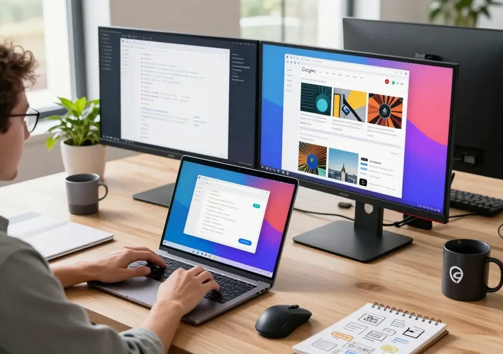 在充满活力的办公室中，现代桌面上使用谷歌浏览器浏览网页。