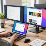 在充满活力的办公室中，现代桌面上使用谷歌浏览器浏览网页。