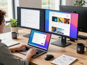 在充满活力的办公室中，现代桌面上使用谷歌浏览器浏览网页。