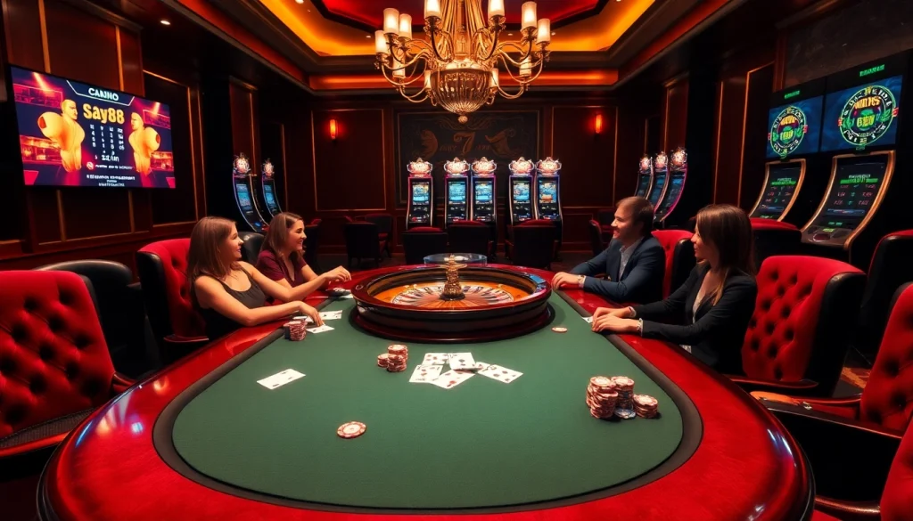 SAY88 casino players strategizing at a luxury poker table filled with vibrant chips and cards.