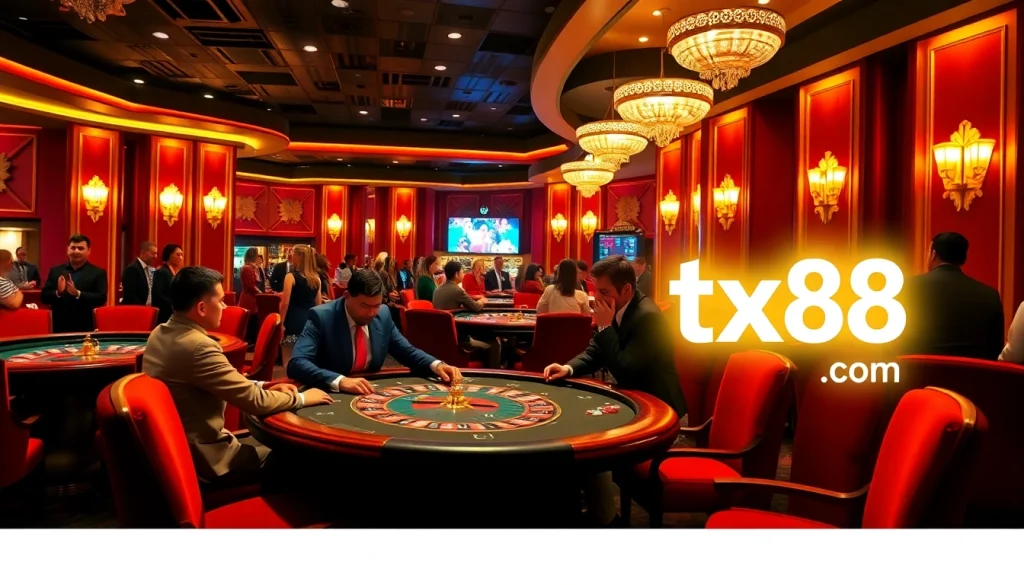 Engaged players at a vibrant casino table with tx88.com branding in the background.